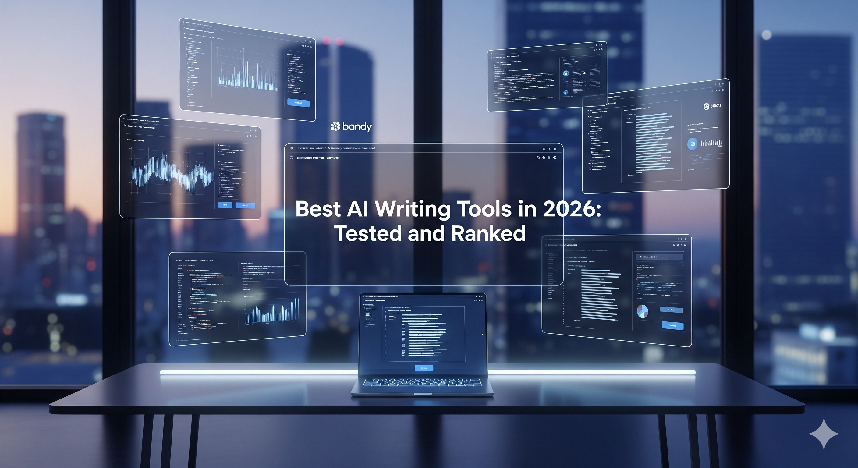 Futuristic workspace with multiple holographic screens displaying data analytics, text generation, and user interface tests for the best AI writing tools in 2026. A sleek laptop sits on the desk.