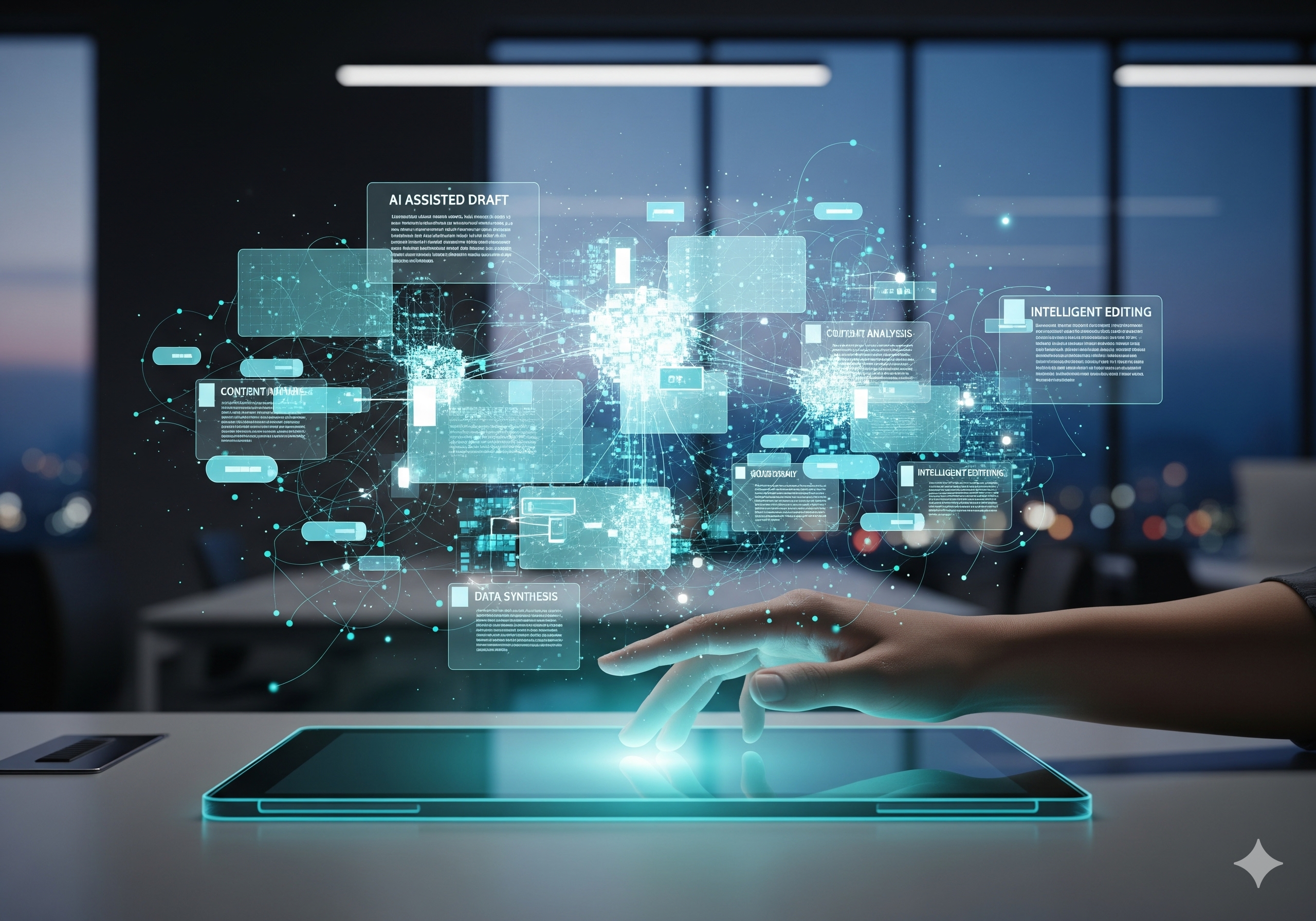 A human hand hovers over a transparent glass tablet, interacting with floating, interconnected digital text blocks, data nodes, and neural network lines. It visualizes the co-creation process with 2026 AI writing tools.