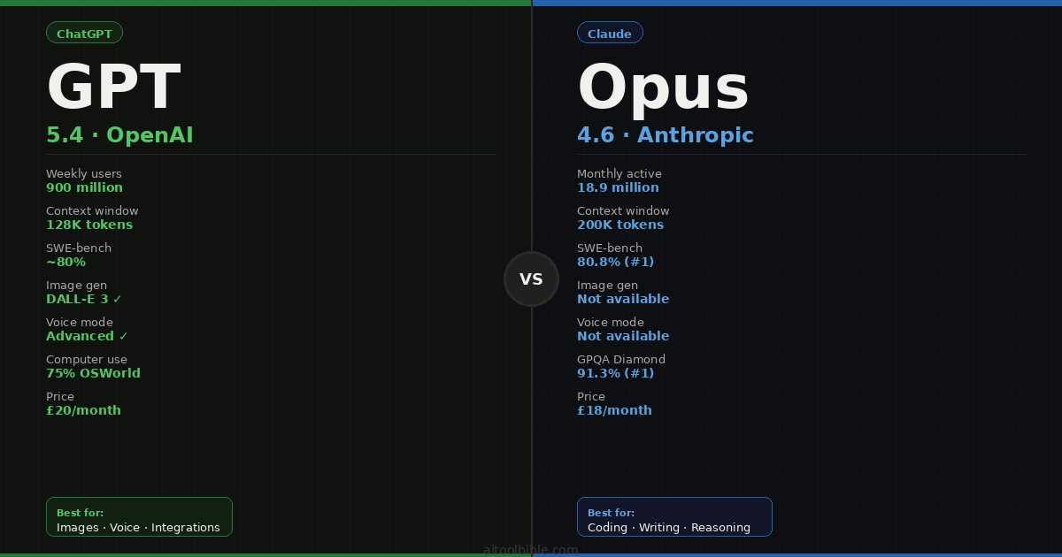 ChatGPT GPT-5.4 vs Claude Opus 4.6 head-to-head comparison — showing key stats including 900 million weekly users for ChatGPT versus Claude's 80.8% SWE-bench score and 200K token context window