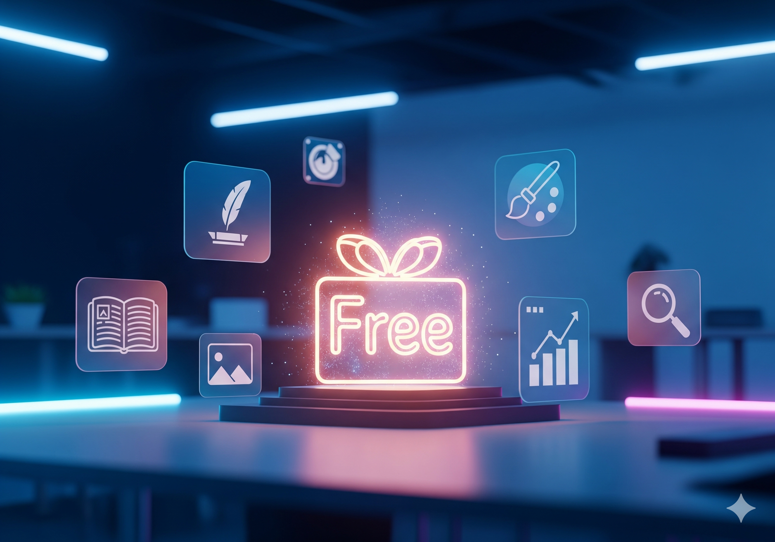 A glowing, stylized "Free" sign, resembling a gift box, radiates warm light at the center of a futuristic digital ecosystem. Floating, semi-transparent app icons for text generation (quill), image creation (paintbrush), and data analysis (bar chart) surround it, set in a modern workspace with neon b