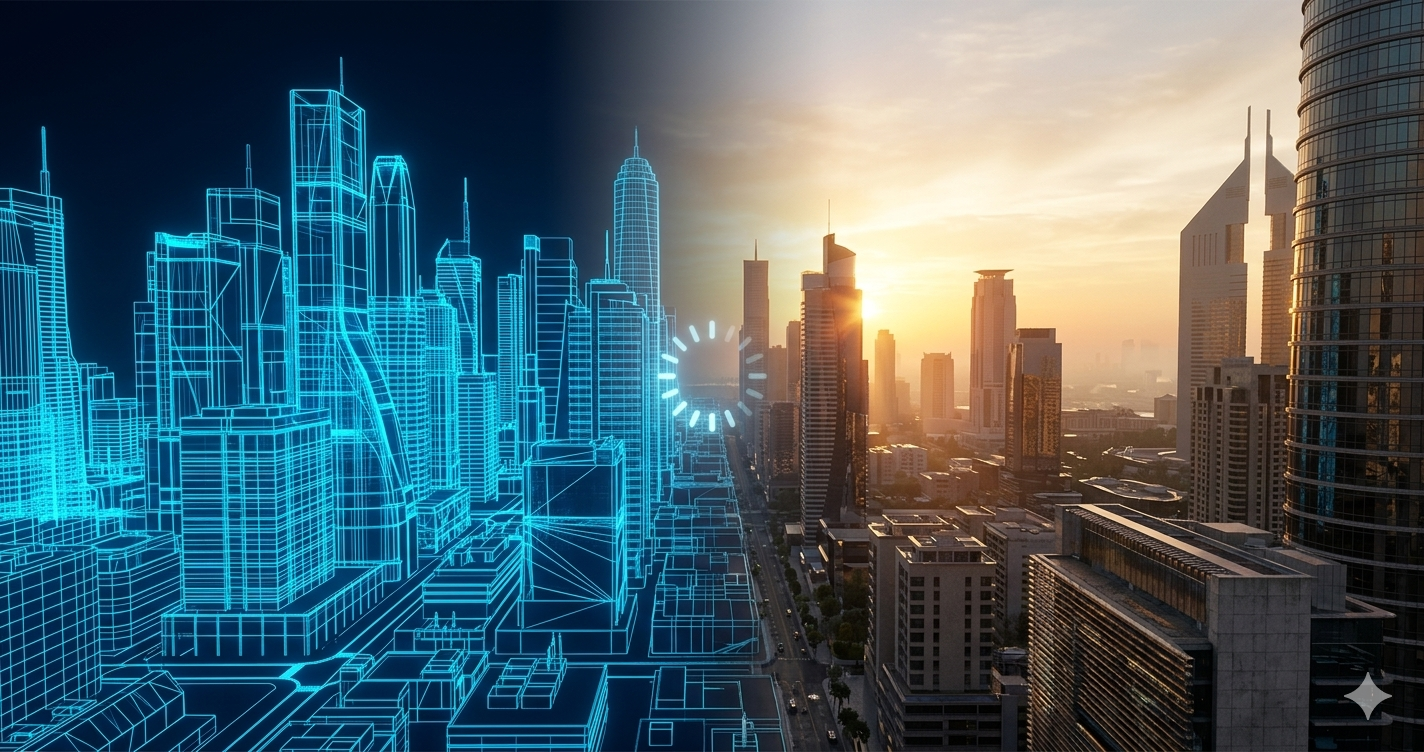 A striking, modern image with a vertical split that highlights the difference between a virtual and a physical city view. The left side features a bright blue, futuristic digital wireframe visualization of a dense cityscape, depicting complex architectural structures and patterns.