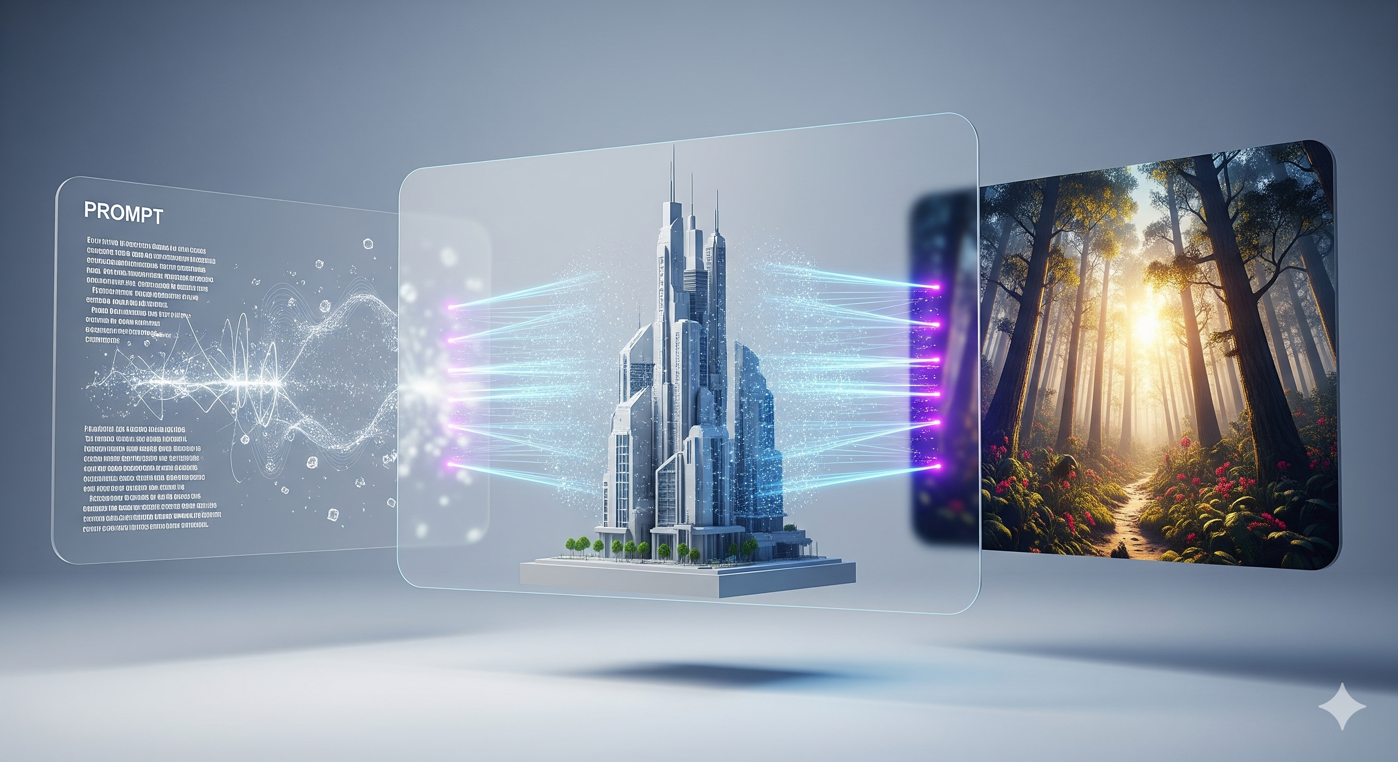 A clean, high-tech visualization of a 2026 AI design interface. The image features three floating holographic panels: the center shows a 3D architectural building being mapped with light; the right shows a hyper-realistic forest painting; and the left shows text prompts turning into digital data.