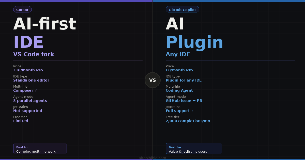 Cursor vs GitHub Copilot 2026 comparison — showing Cursor as an AI-first IDE at £16/month with Composer and 8 parallel agents versus GitHub Copilot as a plugin for any IDE at £8/month with full JetBrains support
