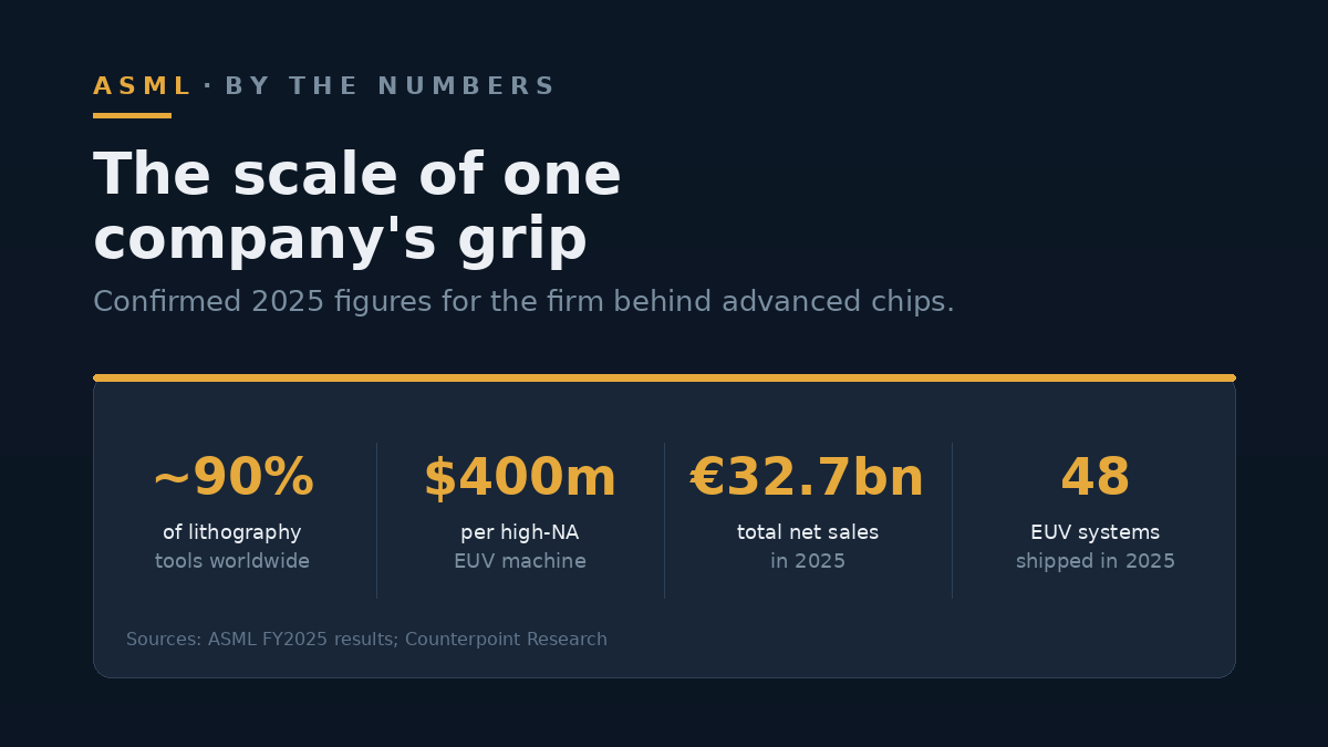 Four figures for ASML: about 90% of lithography tools, $400m per high-NA EUV machine, EUR32.7bn 2025 net sales, 48 EUV systems shipped in 2025.