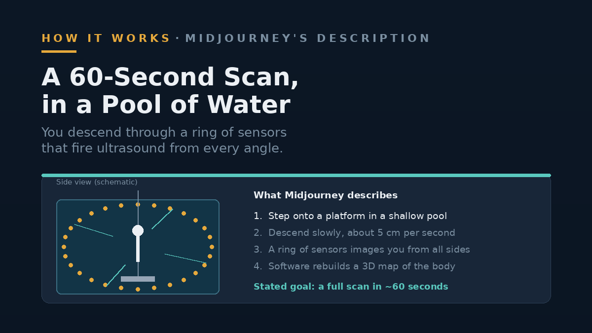 Diagram of a person on a platform descending into a ring of ultrasonic sensors in a pool of water.