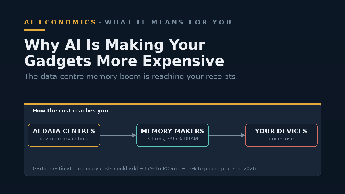 Flow diagram showing AI data centres buying memory in bulk, three firms making about 95% of DRAM, and consumer device prices rising