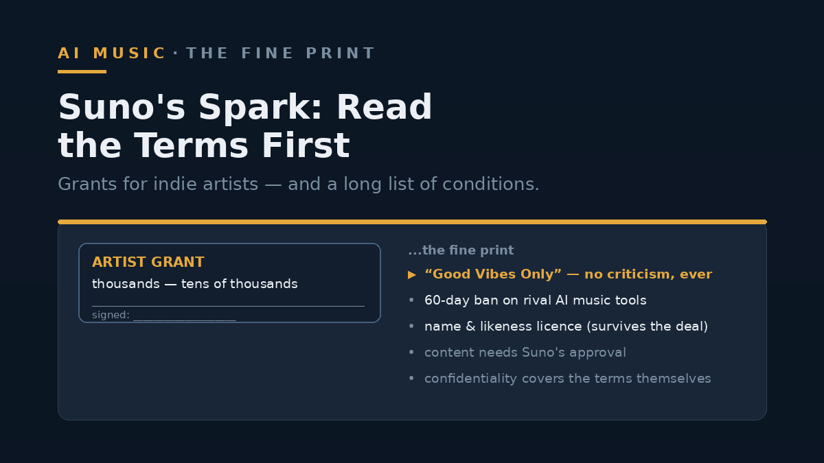 A stylised artist-grant cheque beside a list of Suno Spark's fine-print conditions, with the no-criticism clause highlighted