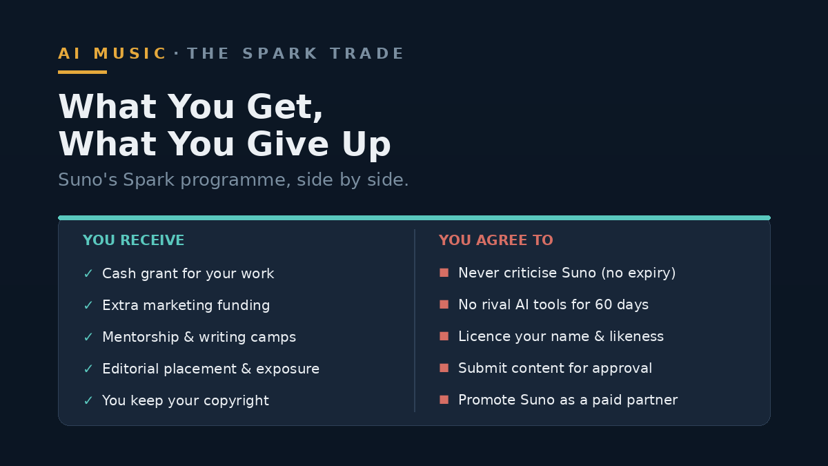Two-column comparison: what Spark artists receive on the left versus what the Fine Print asks them to agree to on the right