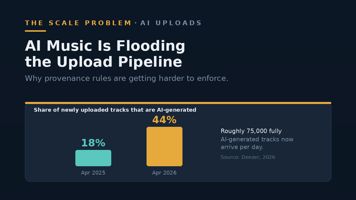 Bar graphic showing the rising share of AI-generated uploads to music streaming services