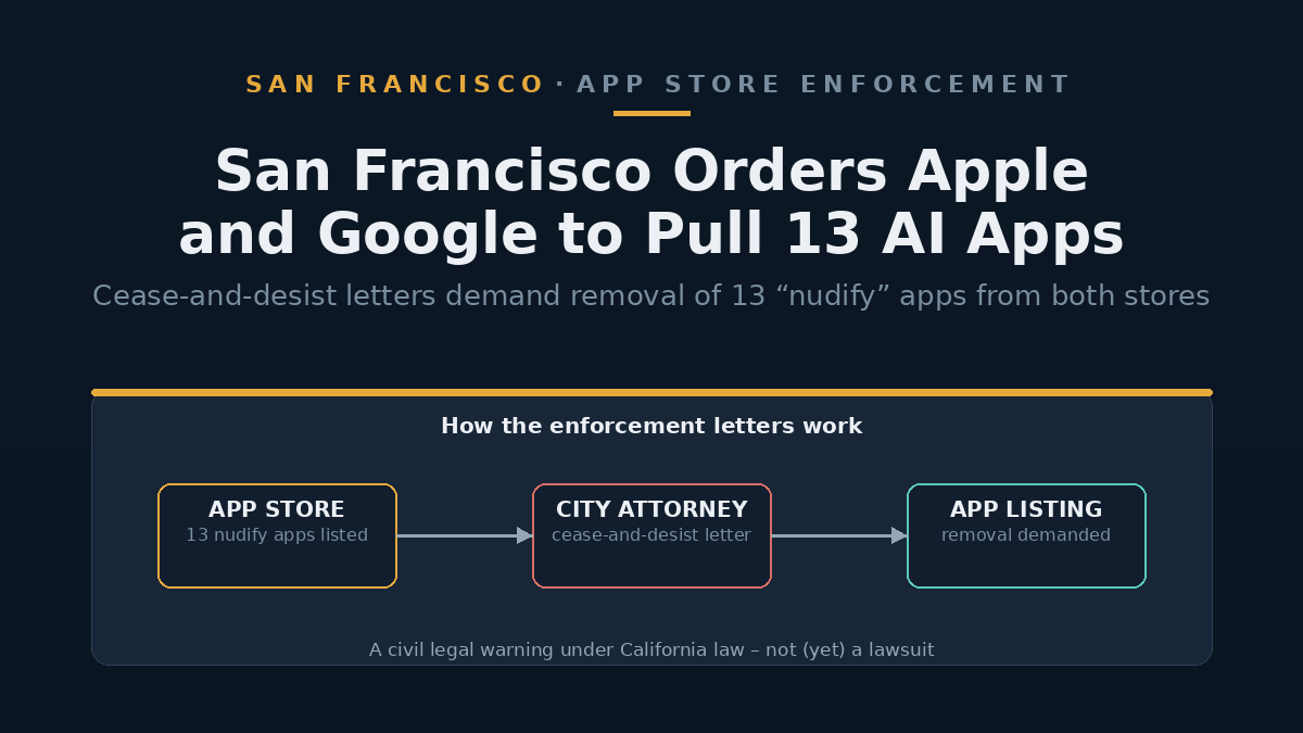 Abstract diagram of an app store icon linked by arrows through a cease-and-desist letter to a removed app listing, representing San Francisco's legal action against AI 'nudify' apps.
