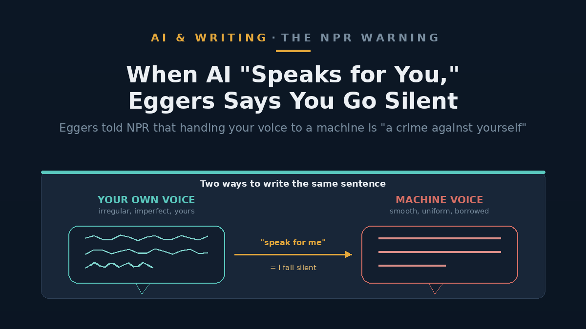 Diagram contrasting two speech bubbles, one with irregular hand-drawn lines labelled 'your own voice', the other with smooth uniform lines labelled 'machine voice', linked by an arrow reading 'speak for me'