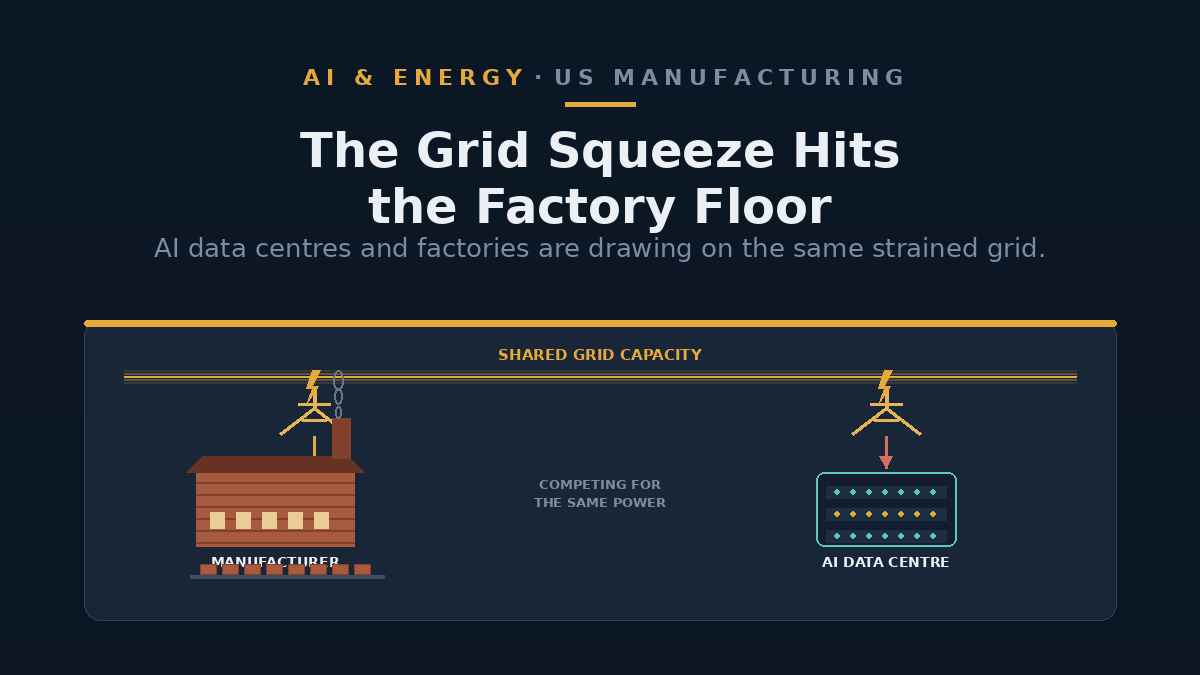 A brick factory production line under a strained, glowing electricity grid, symbolising AI data centres competing with manufacturers for power.