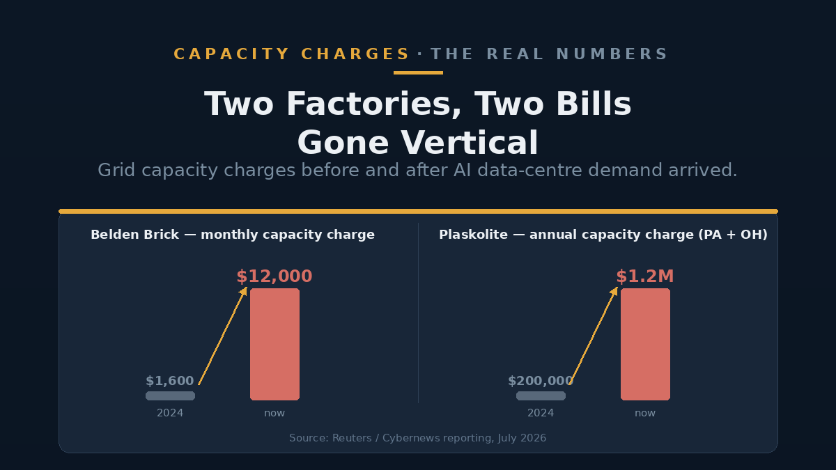 A before-and-after comparison panel showing two manufacturers' monthly grid capacity charges rising sharply.