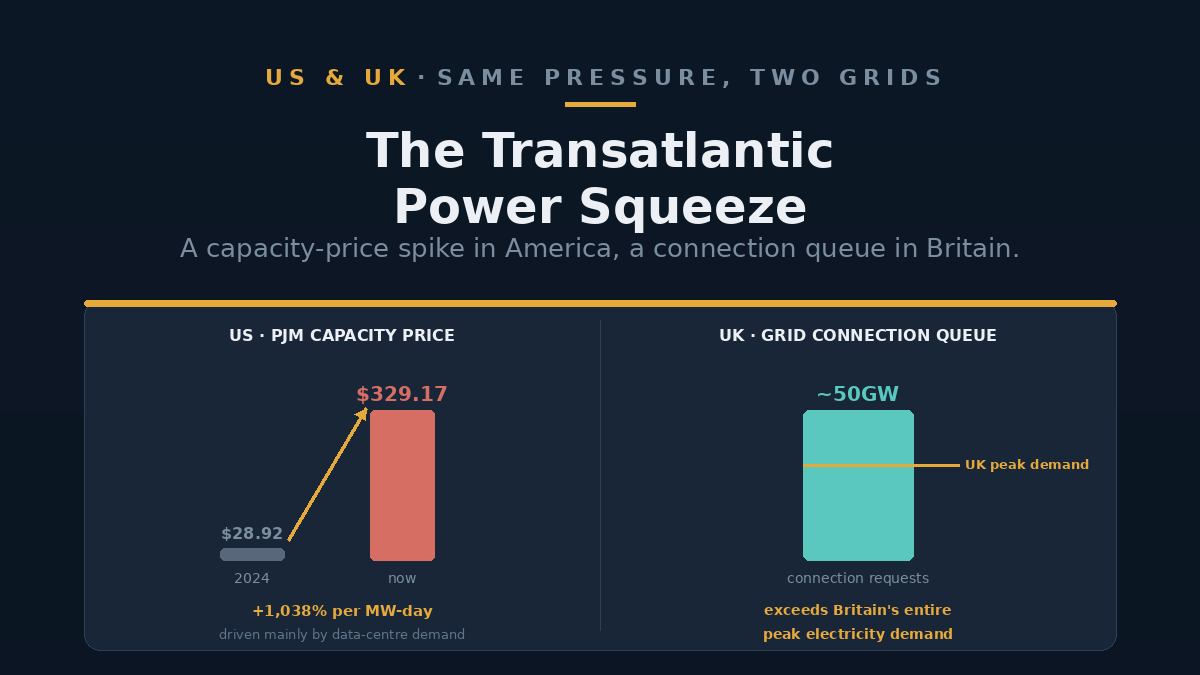 A split panel comparing a US grid capacity auction chart with a UK data-centre grid connection queue chart.