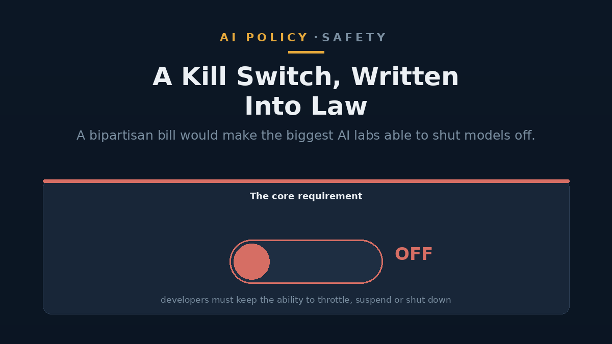 Conceptual graphic of a large red shutdown switch beside a stylised AI system