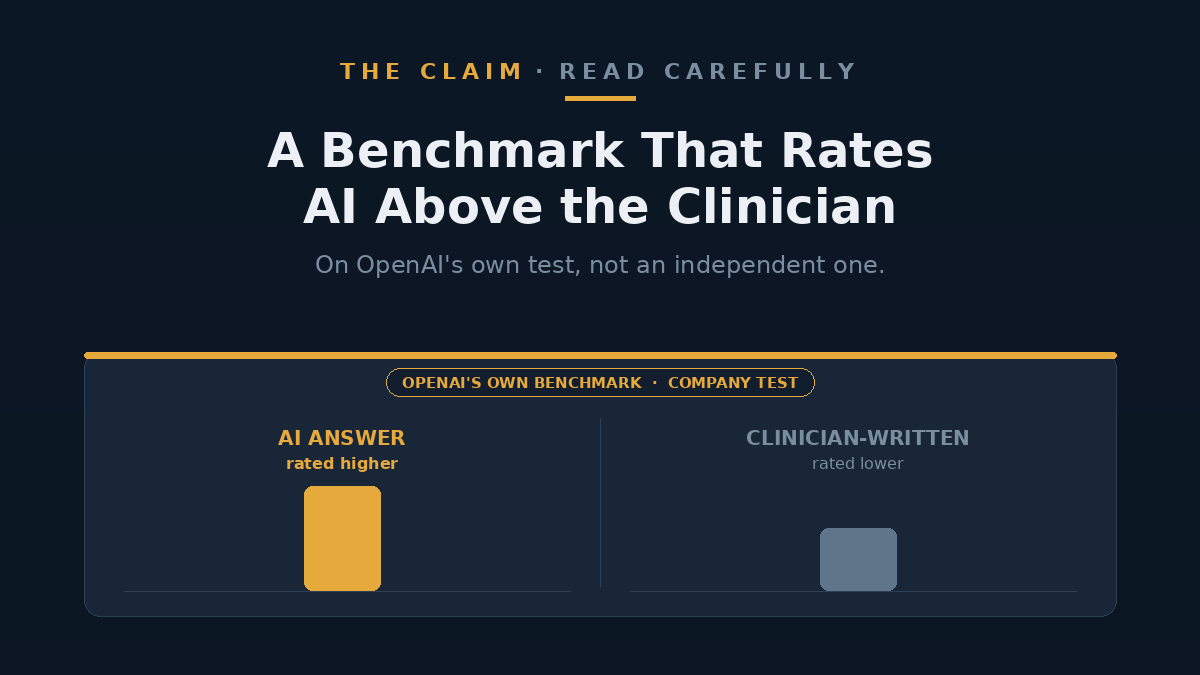 Concept image of a benchmark scorecard rating an AI answer above a clinician-written one, marked as the company's own test