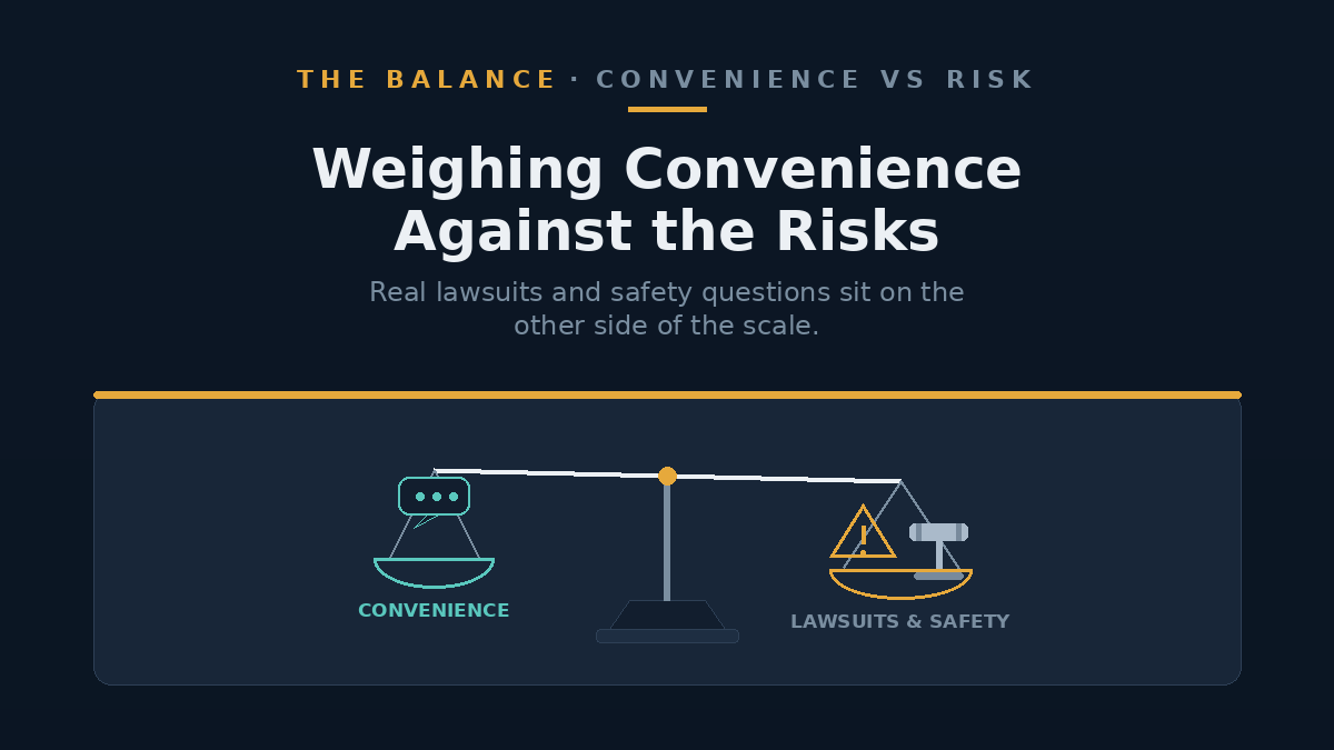 A balance scale weighing a convenience icon against a warning triangle and a gavel