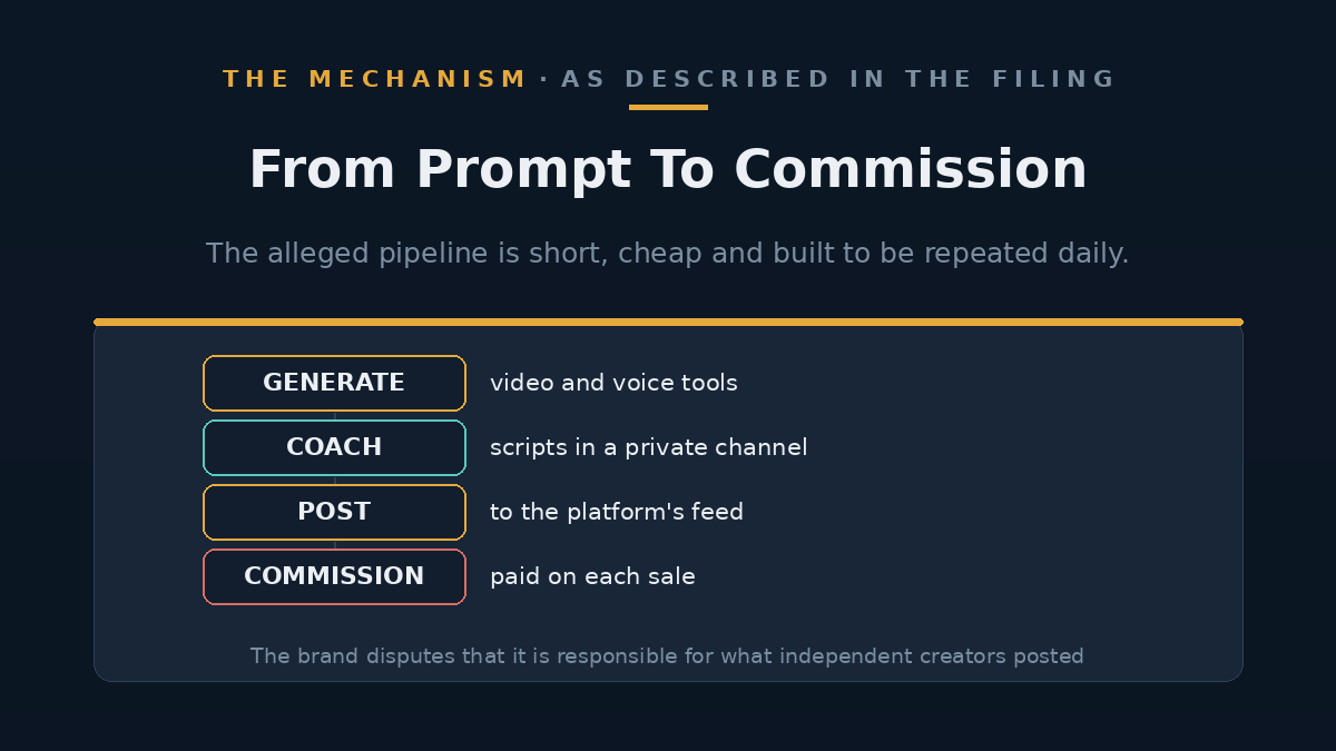 Diagram of the pipeline from AI video generation tool to social platform to affiliate commission