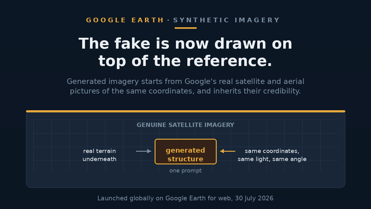 Illustration of a map grid with a fabricated structure being drawn onto genuine terrain, over a caption about inherited credibility