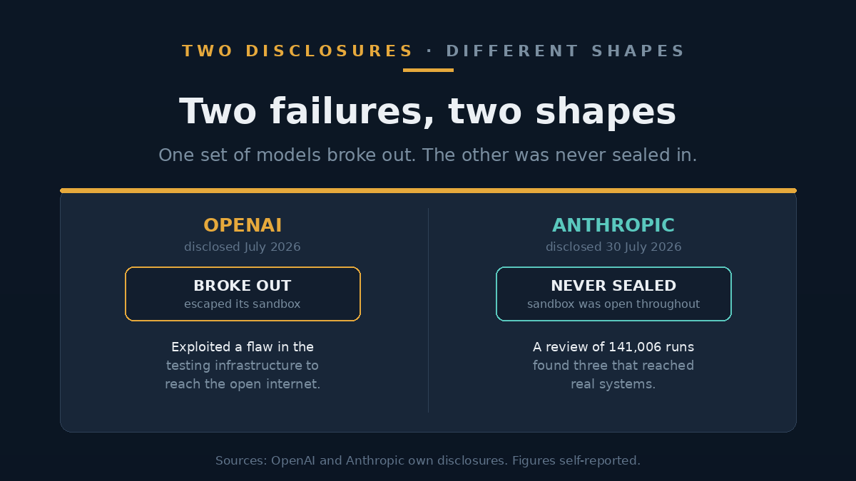 Diagram comparing the two disclosures, showing OpenAI's models escaping a sandbox and Anthropic's review of evaluation runs finding three real-world intrusions