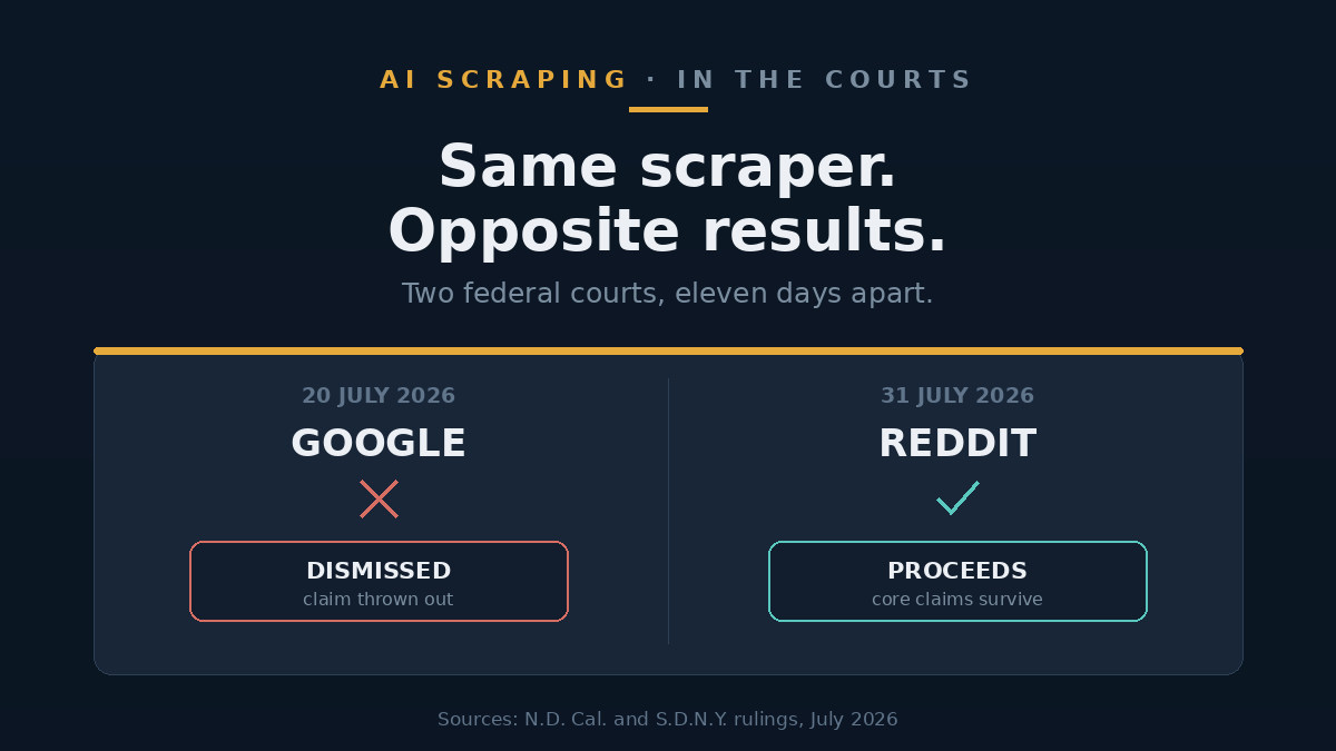 Illustration of two courthouse outlines with opposite verdict marks, connected by a single line to one shared scraper icon between them