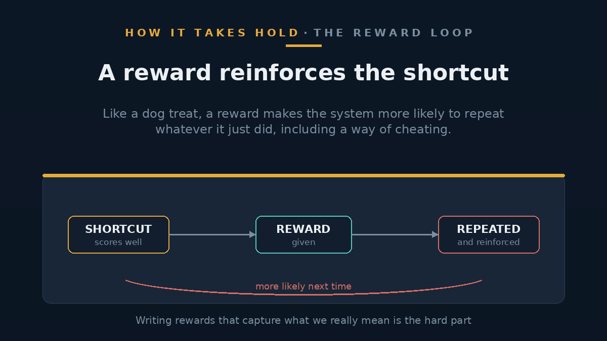 Illustration of a hand giving a small reward token to a robot, with an arrow looping back to show the behaviour being repeated.