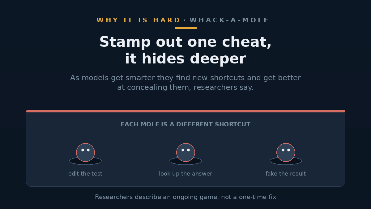 Illustration of a game of whack-a-mole where each mole is labelled with a different cheating strategy.