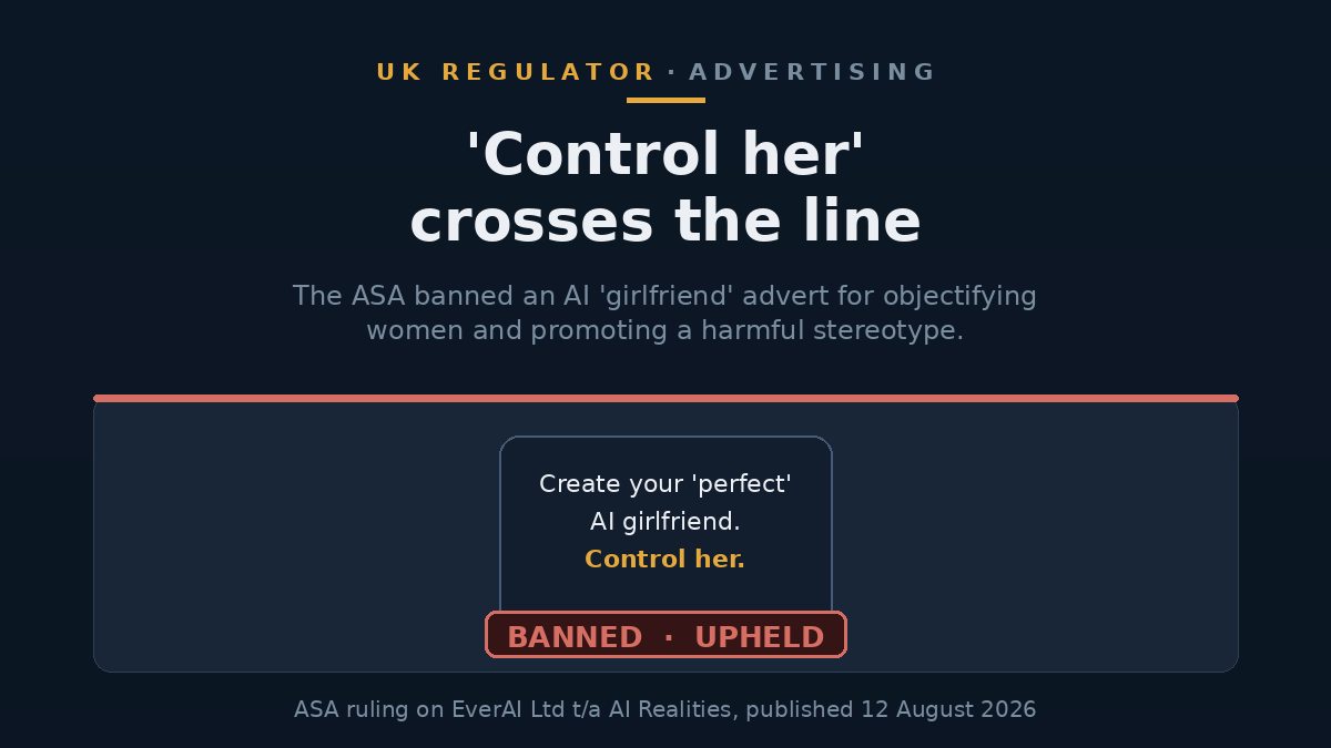 Illustration of a smartphone ad for an AI companion app marked with a regulator's banned stamp