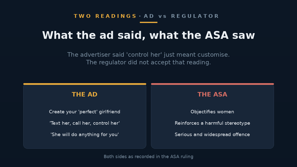 Illustration of on-screen ad text promising a customisable AI partner
