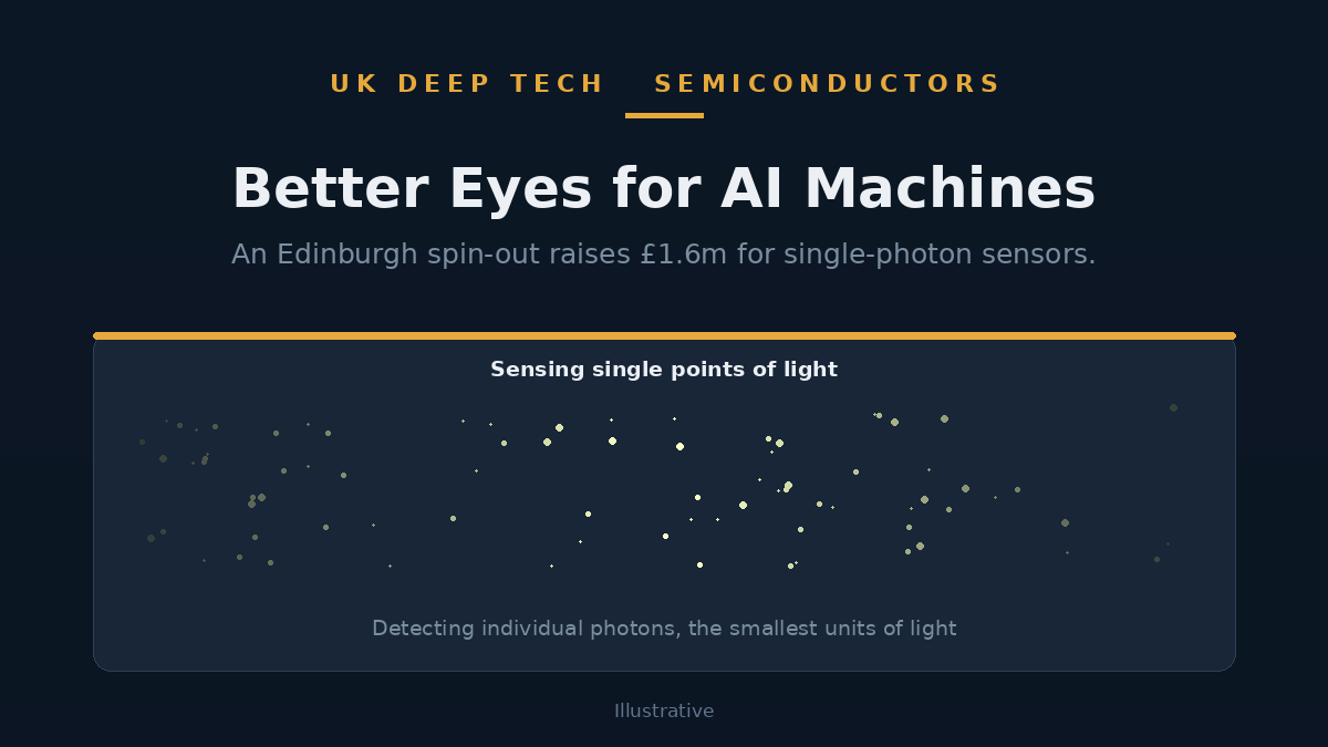 Illustration of a camera sensor chip detecting individual points of light against a dark background