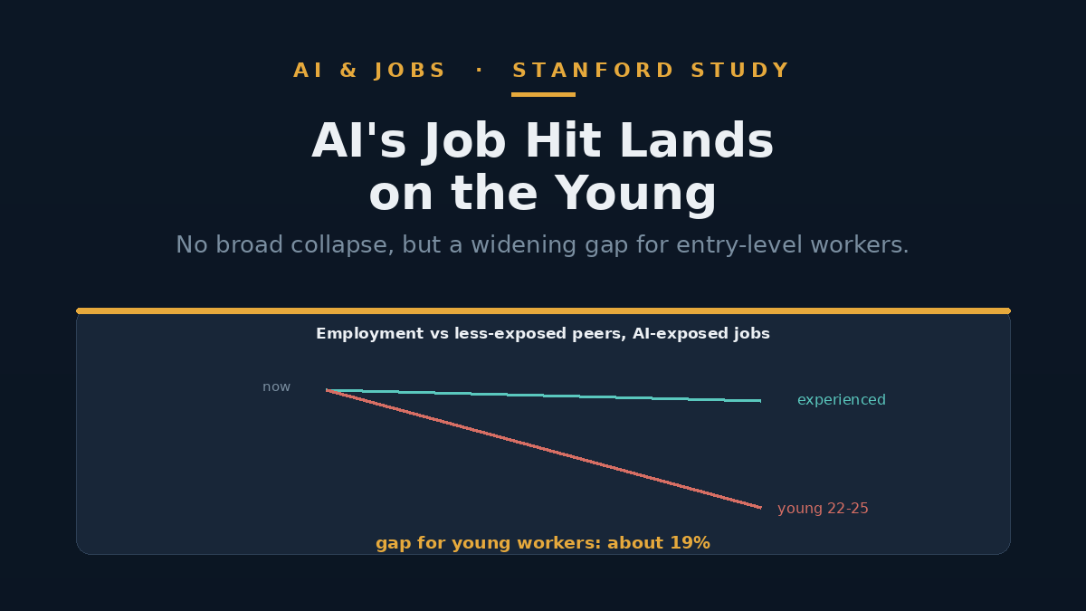 Illustration of two diverging lines, one flat for experienced workers and one falling for young workers