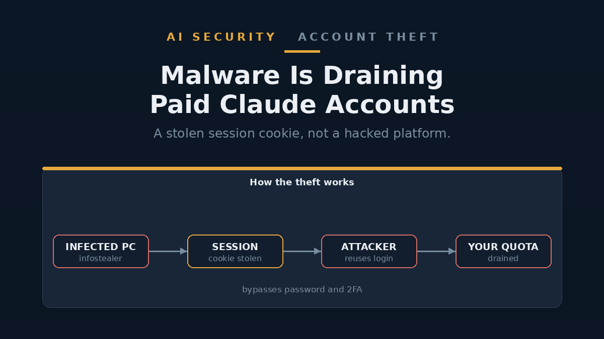 Illustration of a stolen browser session cookie being passed from an infected laptop to an attacker who then runs up an AI usage meter