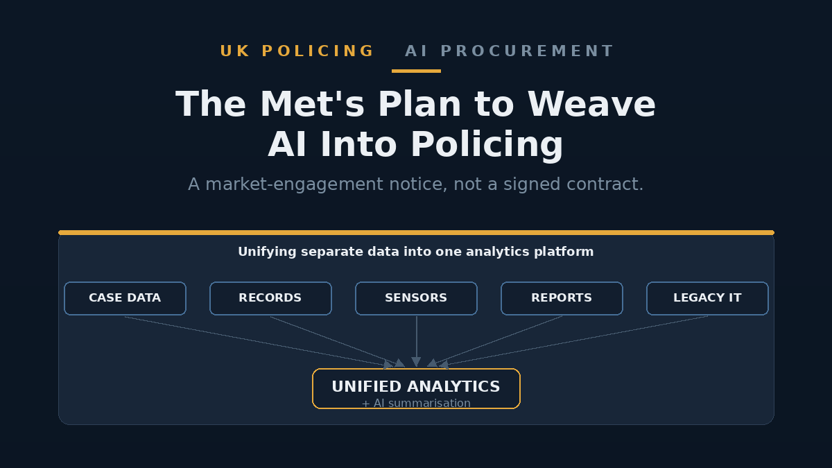 Illustration of a police data platform pulling together many separate data sources into one analytics dashboard