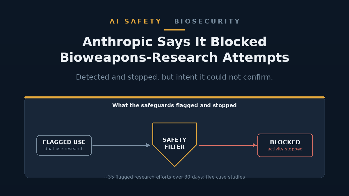 Illustration of an AI safety filter intercepting a flagged research request, captioned Anthropic bioweapons safeguards report