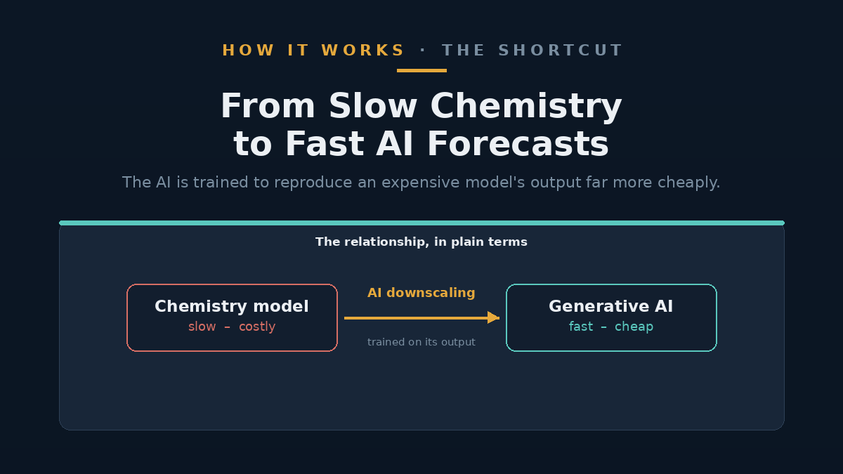 Diagram contrasting a slow, expensive chemistry-based pollution model with a faster AI downscaling model.
