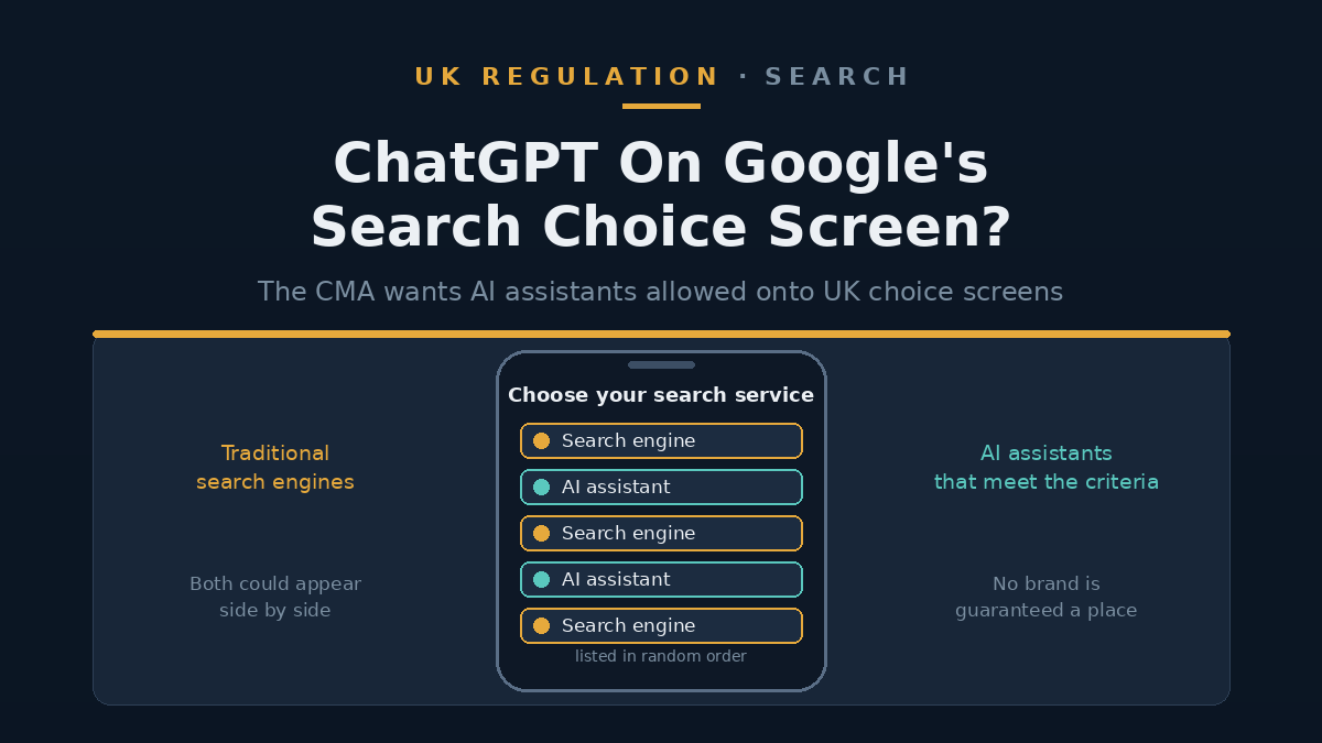 Illustration of a smartphone showing a search choice screen with generic search engine and AI assistant tiles in a random list