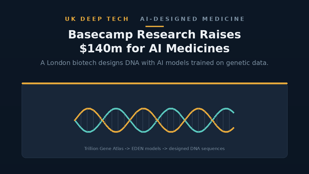 Abstract illustration of a DNA double helix merging into a neural network grid above a faint London skyline silhouette, deep-navy background.