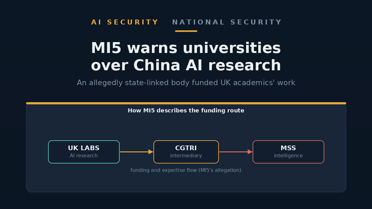 Illustration of a university research building linked by broken data lines to a shadowed state emblem, over a deep navy background