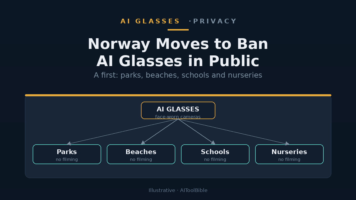Illustration contrasting a pair of AI smart glasses with four public settings: a park, a beach, a school and a nursery