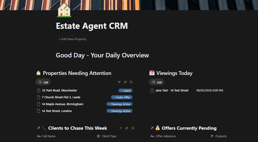 Notion estate agent CRM dashboard on a laptop showing property pipeline board and client database